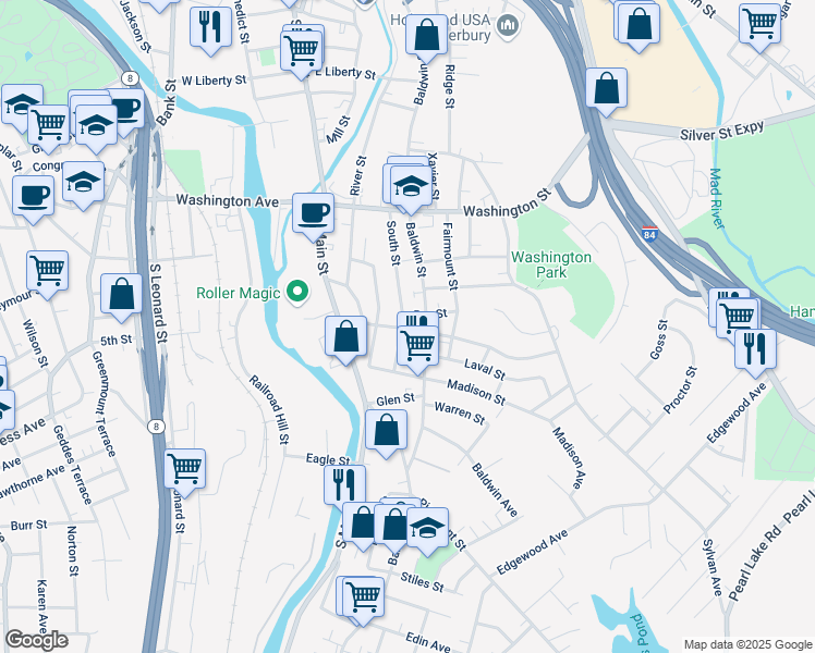map of restaurants, bars, coffee shops, grocery stores, and more near 153 Lounsbury Street in Waterbury