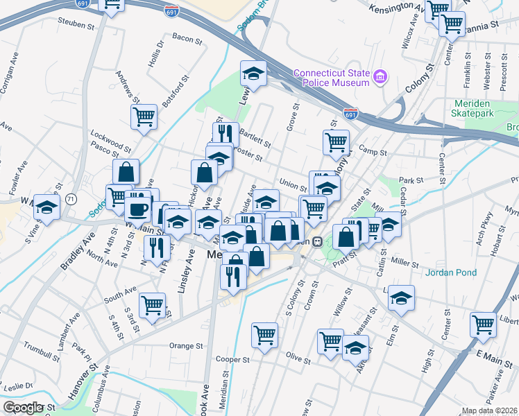 map of restaurants, bars, coffee shops, grocery stores, and more near 65 Hillside Avenue in Meriden