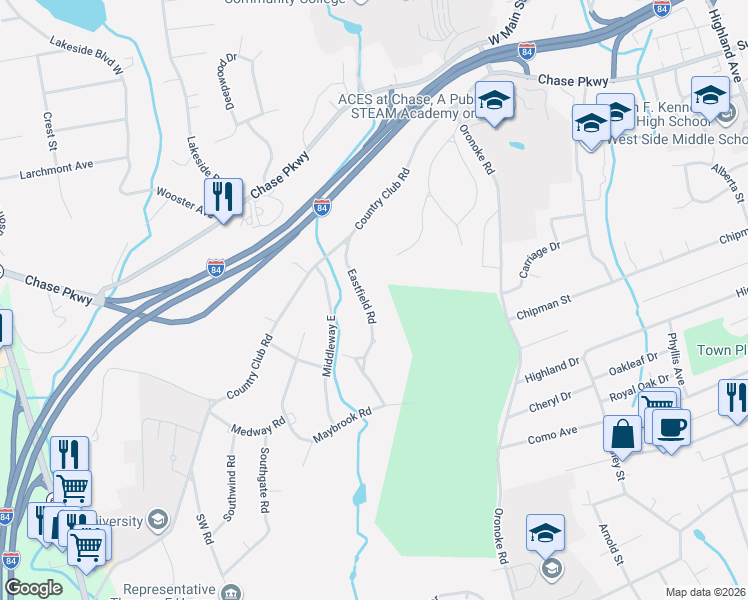 map of restaurants, bars, coffee shops, grocery stores, and more near 77 Eastfield Road in Waterbury