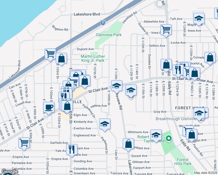 map of restaurants, bars, coffee shops, grocery stores, and more near St Clair Ave & E 109th St in Cleveland
