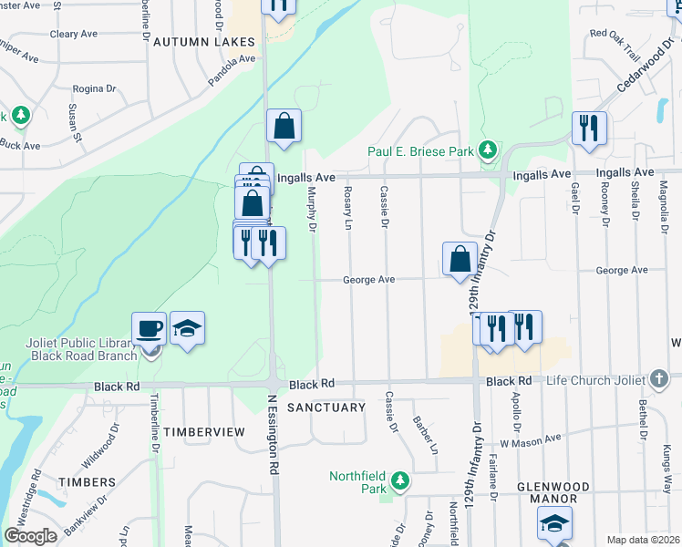 map of restaurants, bars, coffee shops, grocery stores, and more near 1008 Murphy Drive in Joliet