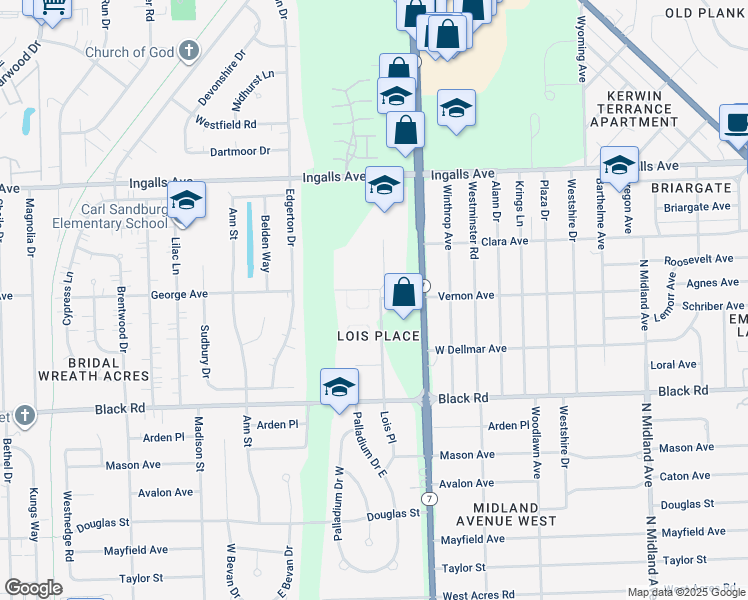 map of restaurants, bars, coffee shops, grocery stores, and more near 947 Lois Place in Joliet