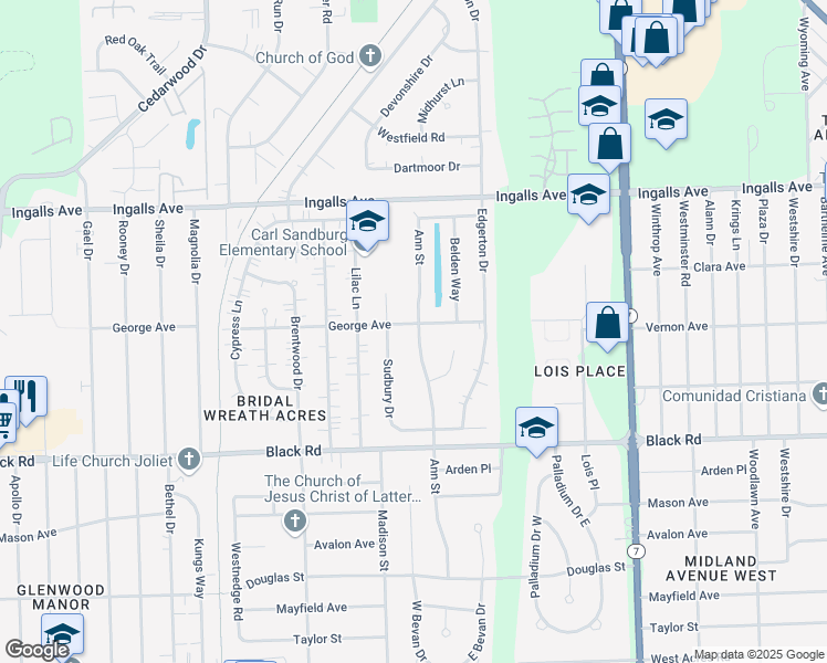 map of restaurants, bars, coffee shops, grocery stores, and more near 915 Ann Street in Joliet
