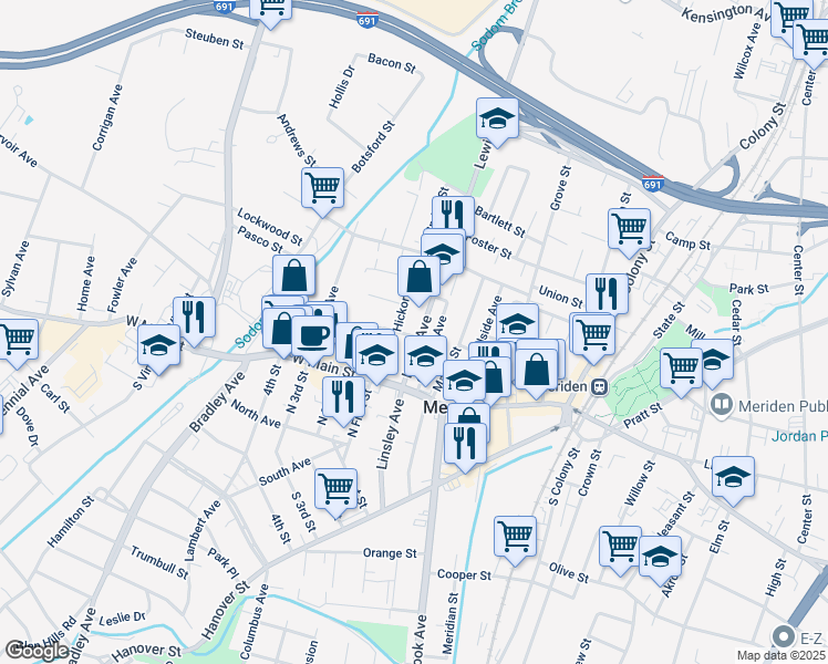 map of restaurants, bars, coffee shops, grocery stores, and more near 82 Lewis Avenue in Meriden