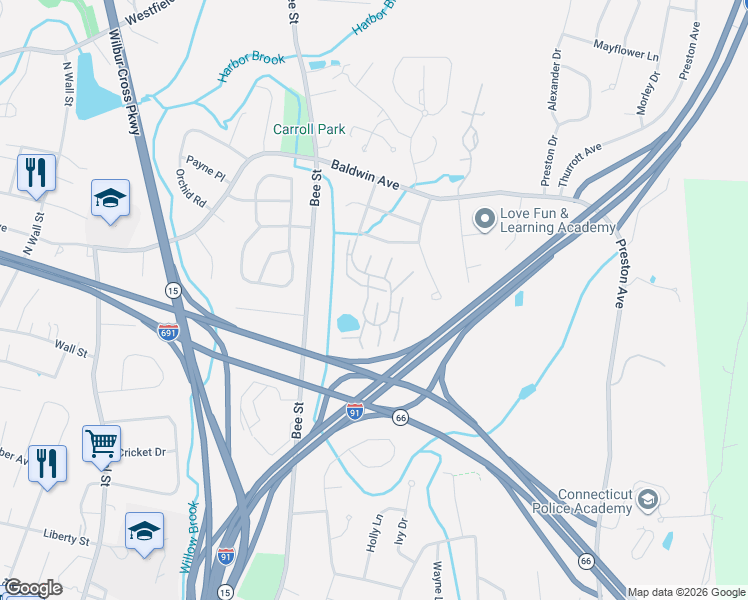 map of restaurants, bars, coffee shops, grocery stores, and more near 215 Metacomet Drive in Meriden