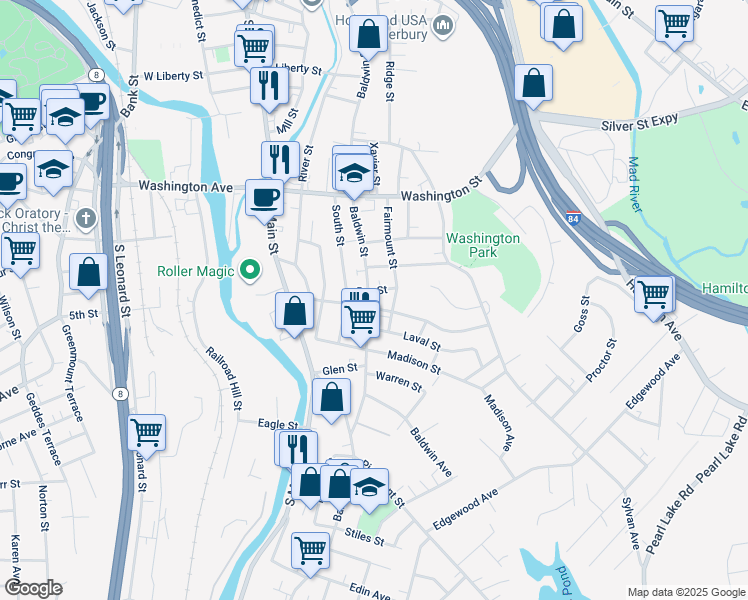 map of restaurants, bars, coffee shops, grocery stores, and more near in Waterbury