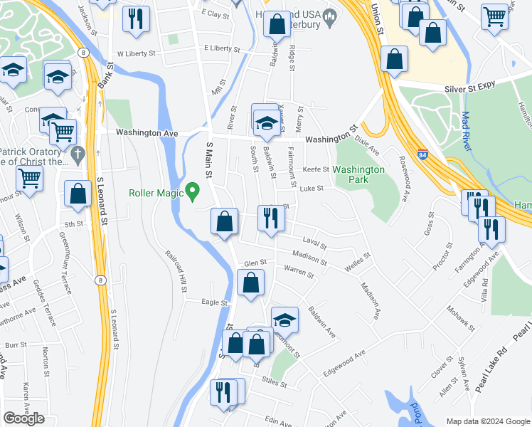map of restaurants, bars, coffee shops, grocery stores, and more near in Waterbury