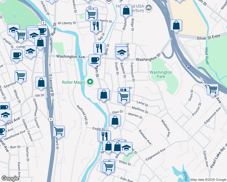 map of restaurants, bars, coffee shops, grocery stores, and more near 71 Southview Street in Waterbury