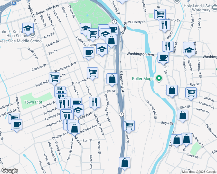 map of restaurants, bars, coffee shops, grocery stores, and more near 28 3rd Street in Waterbury