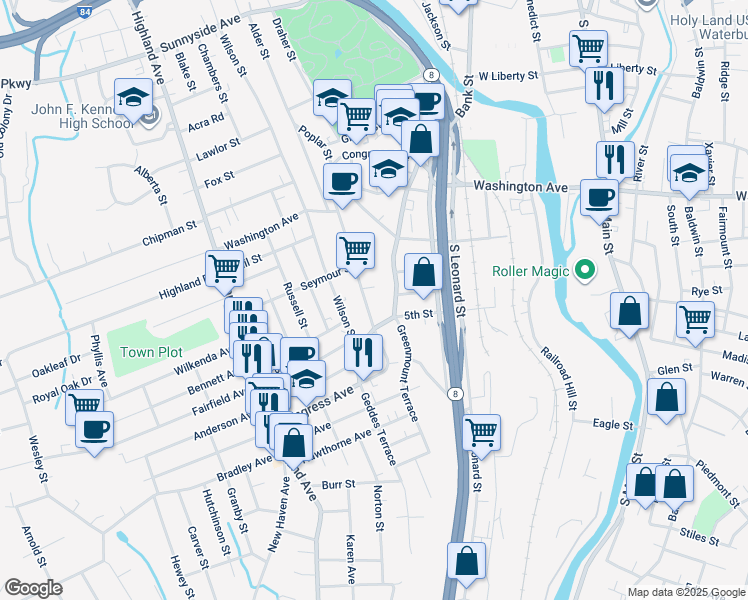 map of restaurants, bars, coffee shops, grocery stores, and more near 1162 Bank Street in Waterbury