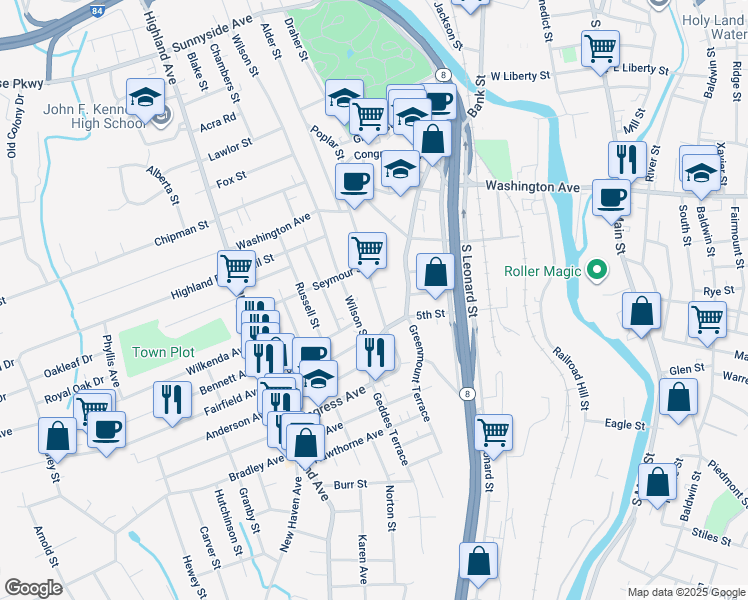 map of restaurants, bars, coffee shops, grocery stores, and more near 332 Congress Avenue in Waterbury