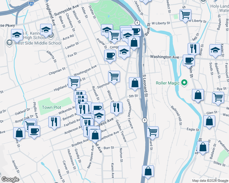 map of restaurants, bars, coffee shops, grocery stores, and more near 332 Congress Avenue in Waterbury