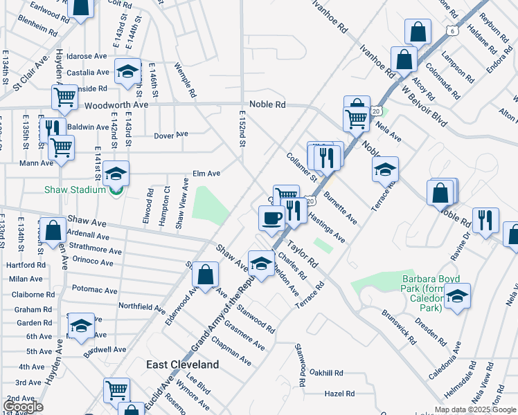 map of restaurants, bars, coffee shops, grocery stores, and more near 15524 Elderwood Avenue in East Cleveland