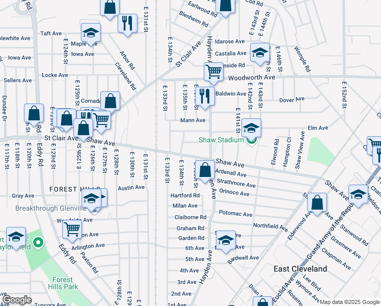 map of restaurants, bars, coffee shops, grocery stores, and more near 13518 Beaumont Street in East Cleveland