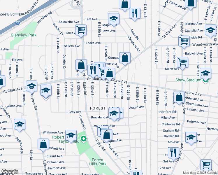 map of restaurants, bars, coffee shops, grocery stores, and more near 593 East 125th Street in Cleveland