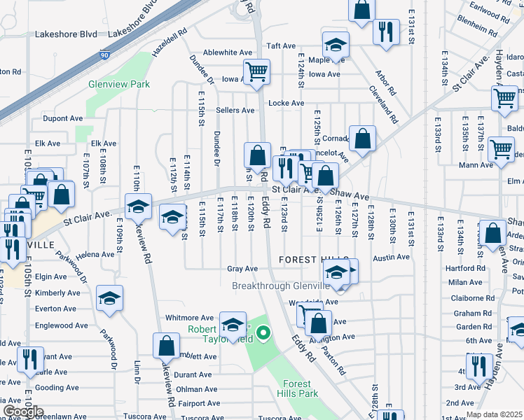 map of restaurants, bars, coffee shops, grocery stores, and more near 12006 Saint Clair Avenue in Cleveland