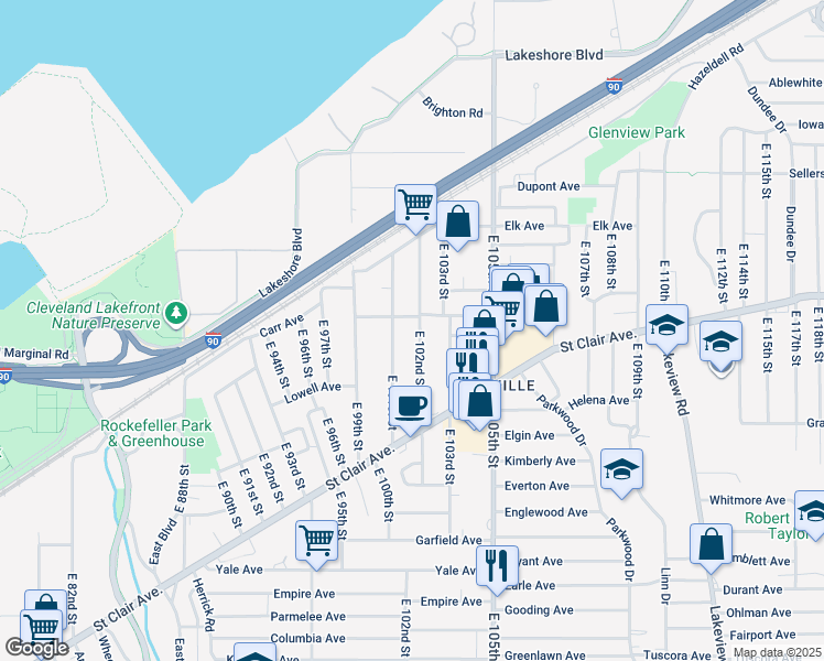 map of restaurants, bars, coffee shops, grocery stores, and more near 597 East 102nd Street in Cleveland