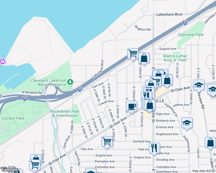 map of restaurants, bars, coffee shops, grocery stores, and more near 598 East 97th Street in Cleveland