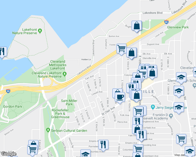 map of restaurants, bars, coffee shops, grocery stores, and more near 598 East 97th Street in Cleveland