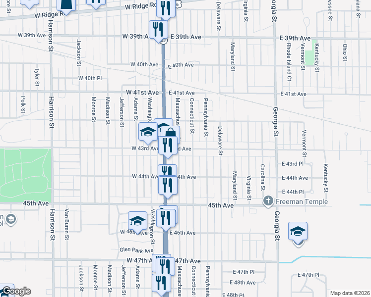map of restaurants, bars, coffee shops, grocery stores, and more near 4253 Massachusetts Street in Gary
