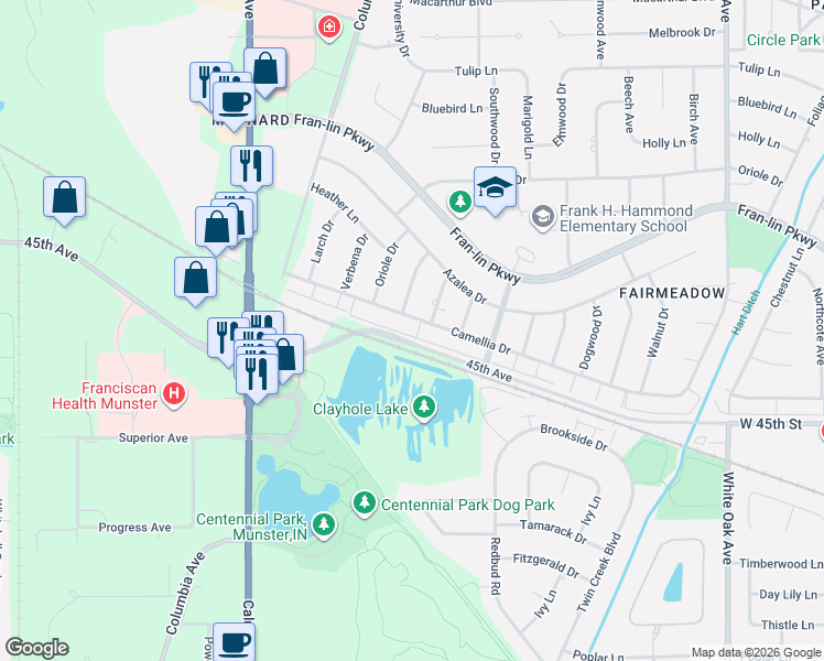 map of restaurants, bars, coffee shops, grocery stores, and more near 9513 Cottonwood Drive in Munster