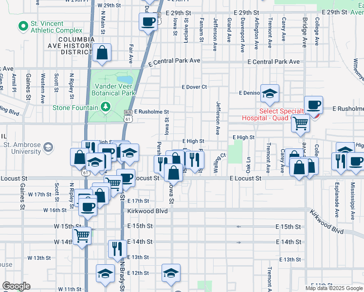 map of restaurants, bars, coffee shops, grocery stores, and more near 2104 Leclaire Street in Davenport