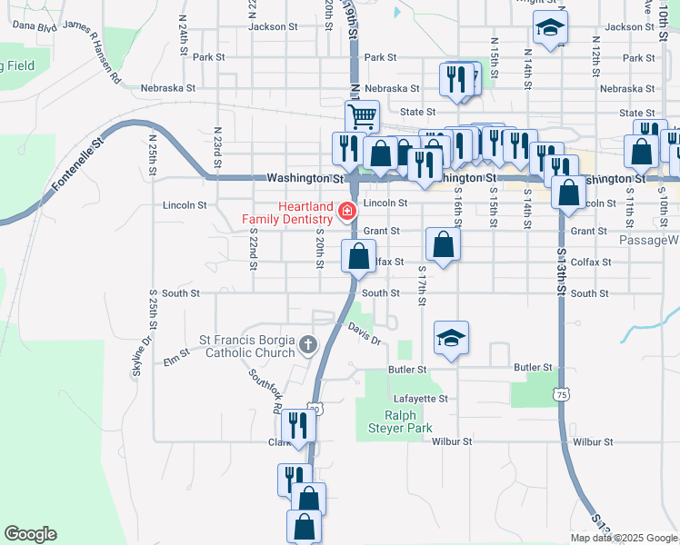 map of restaurants, bars, coffee shops, grocery stores, and more near 420 South 19th Street in Blair