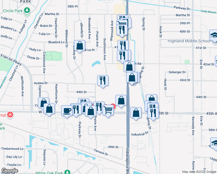 map of restaurants, bars, coffee shops, grocery stores, and more near 2300 Azalea Drive in Highland