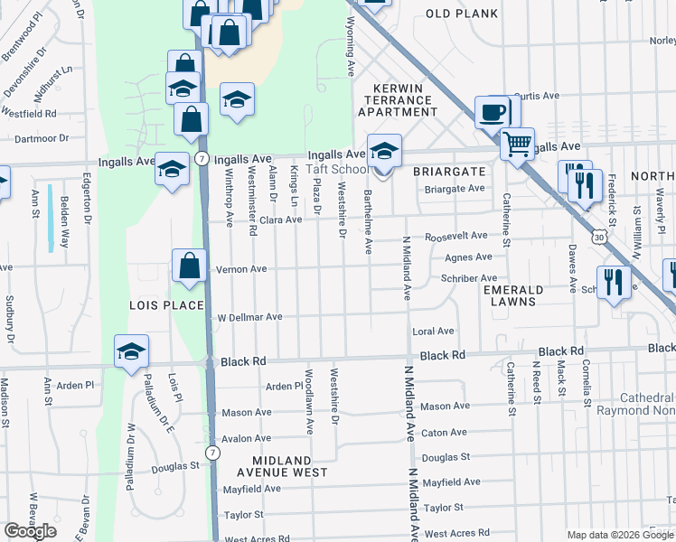 map of restaurants, bars, coffee shops, grocery stores, and more near 1007 Westshire Drive in Joliet