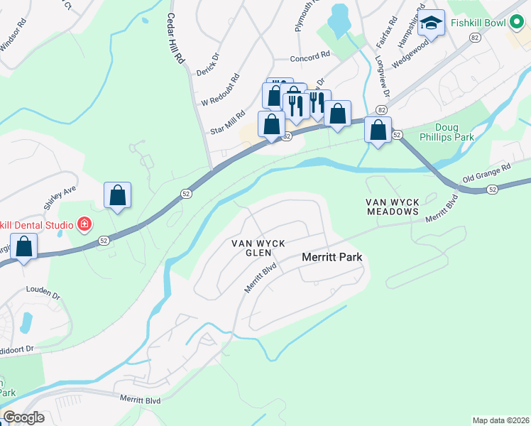 map of restaurants, bars, coffee shops, grocery stores, and more near 608 Creekside Lane in Fishkill