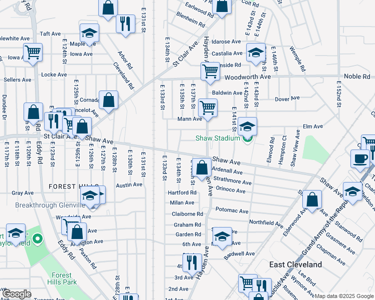 map of restaurants, bars, coffee shops, grocery stores, and more near 13518 Beaumont Street in East Cleveland