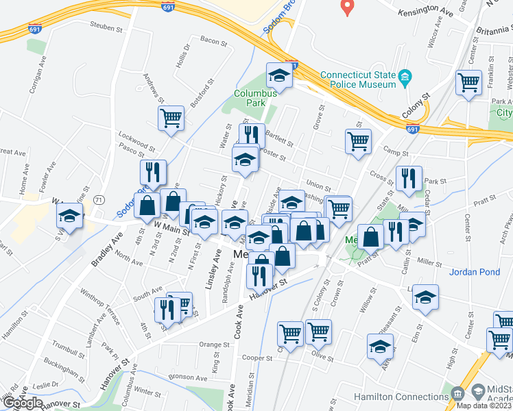 map of restaurants, bars, coffee shops, grocery stores, and more near 78 Maple Street in Meriden