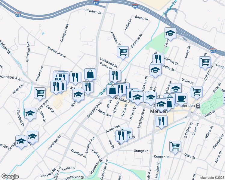map of restaurants, bars, coffee shops, grocery stores, and more near 40 Windsor Avenue in Meriden