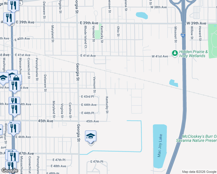 map of restaurants, bars, coffee shops, grocery stores, and more near 4260 Kentucky Street in Gary