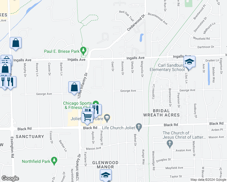 map of restaurants, bars, coffee shops, grocery stores, and more near 2599 George Avenue in Joliet