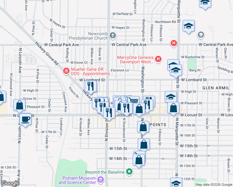 map of restaurants, bars, coffee shops, grocery stores, and more near 2104 Madison Street in Davenport