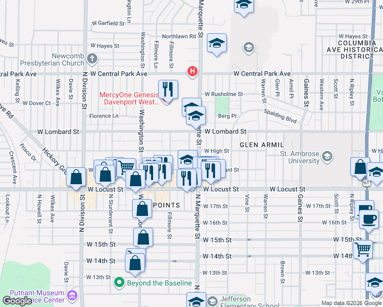 map of restaurants, bars, coffee shops, grocery stores, and more near 1324 West High Street in Davenport