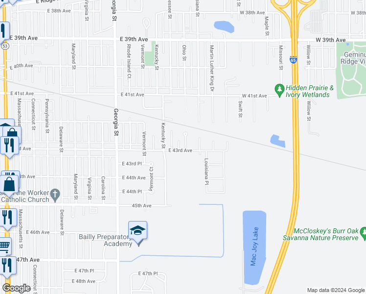 map of restaurants, bars, coffee shops, grocery stores, and more near 4288 Ohio Street in Gary