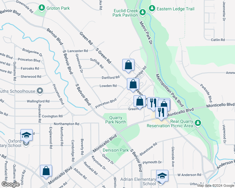 map of restaurants, bars, coffee shops, grocery stores, and more near 4125 Princeton Boulevard in South Euclid