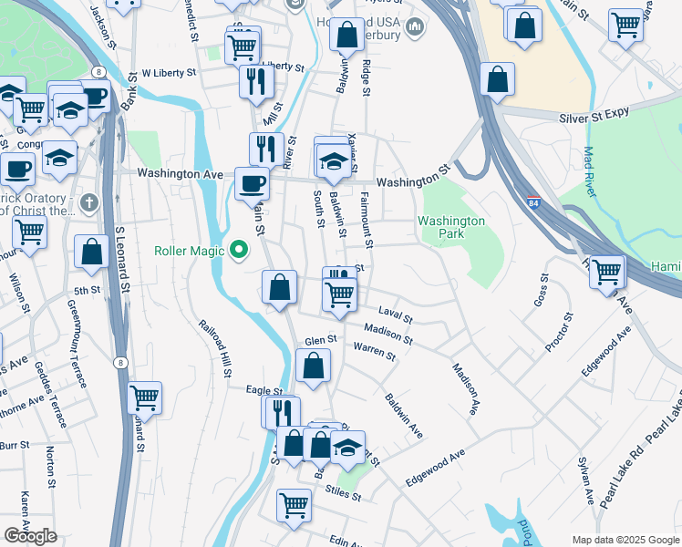 map of restaurants, bars, coffee shops, grocery stores, and more near in Waterbury