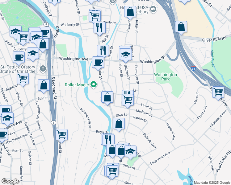 map of restaurants, bars, coffee shops, grocery stores, and more near 71 Southview Street in Waterbury