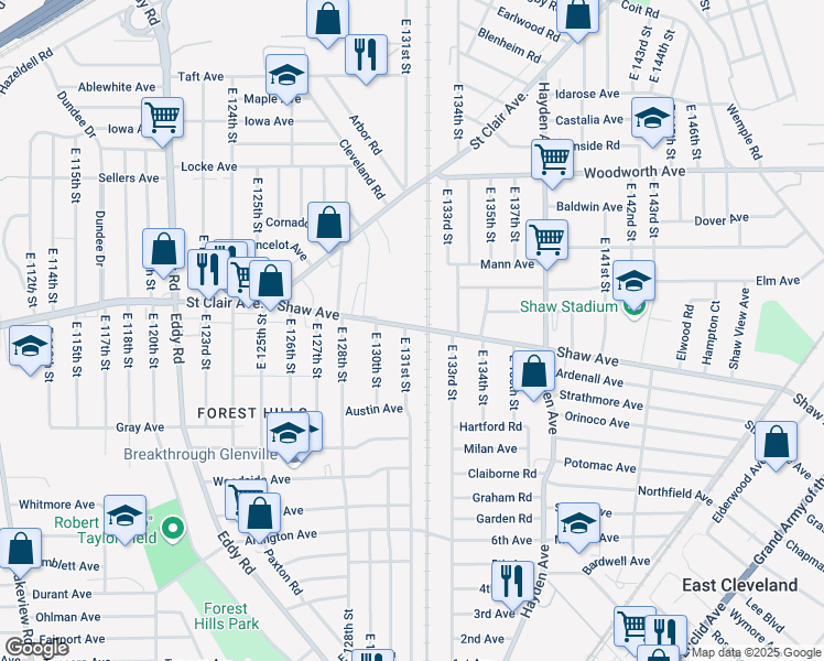 map of restaurants, bars, coffee shops, grocery stores, and more near 13009 Shaw Avenue in Cleveland