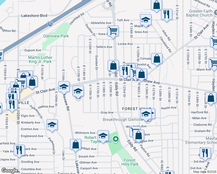 map of restaurants, bars, coffee shops, grocery stores, and more near 12006 Saint Clair Avenue in Cleveland