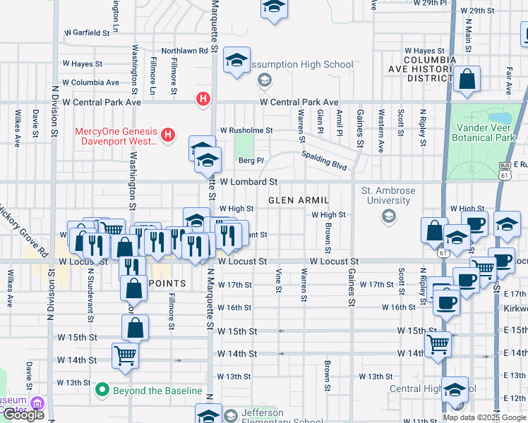 map of restaurants, bars, coffee shops, grocery stores, and more near 2105 North Myrtle Street in Davenport