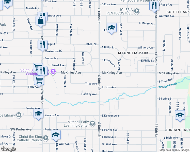 map of restaurants, bars, coffee shops, grocery stores, and more near 101 McKinley Avenue in Des Moines