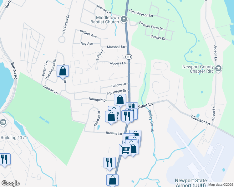 map of restaurants, bars, coffee shops, grocery stores, and more near 10 Squantum Drive in Middletown