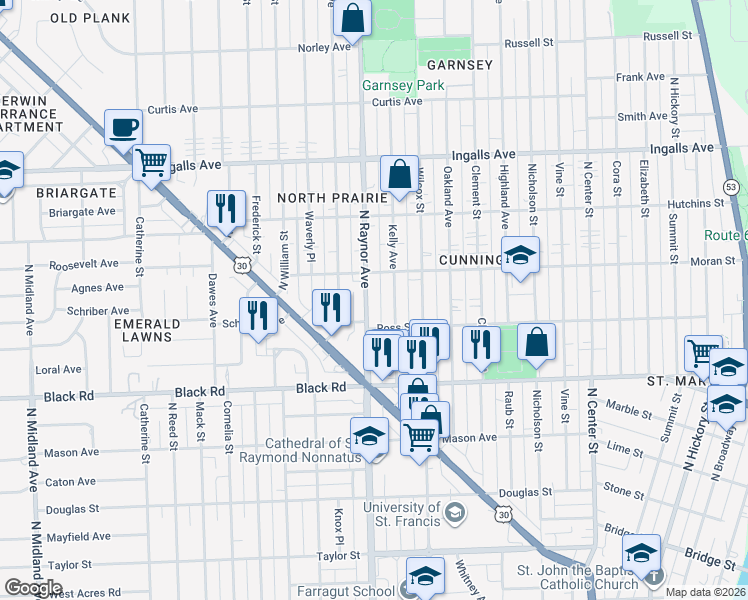 map of restaurants, bars, coffee shops, grocery stores, and more near 914 North Raynor Avenue in Joliet