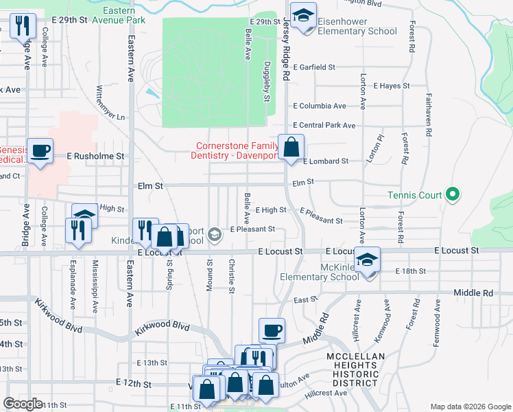 map of restaurants, bars, coffee shops, grocery stores, and more near 2337 Elm Street in Davenport