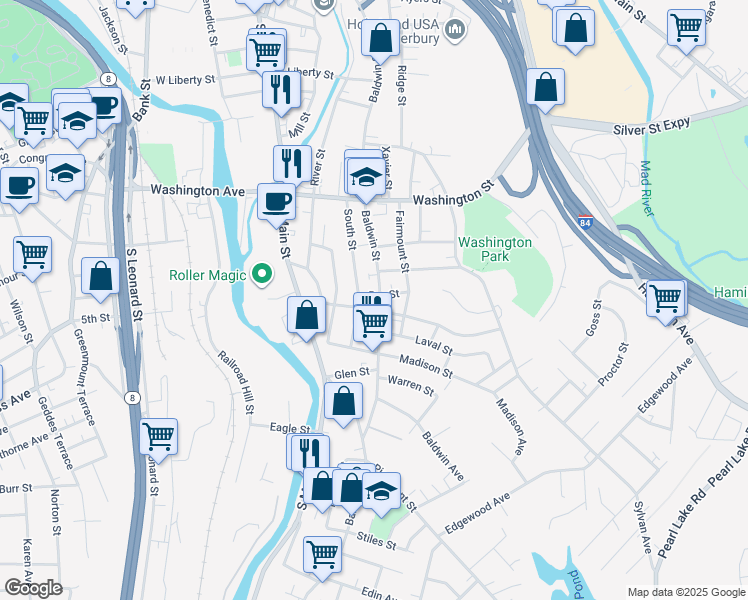 map of restaurants, bars, coffee shops, grocery stores, and more near in Waterbury