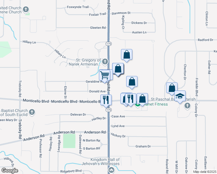 map of restaurants, bars, coffee shops, grocery stores, and more near 701 Richmond Road in Richmond Heights